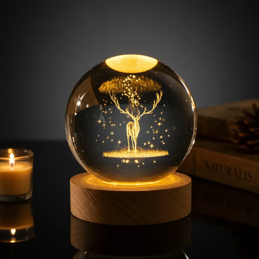 Deer 3D Crystal Ball LED Night Lamp with Wooden Base